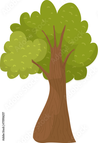Cartoon style green tree with a thick brown trunk and lush foliage. Flat desi...
