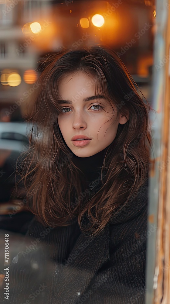 medium shot of attractive french girl in a city modern cafe on our first date, brunette, casual smirk, reflections trough a window of another person walking - generative ai