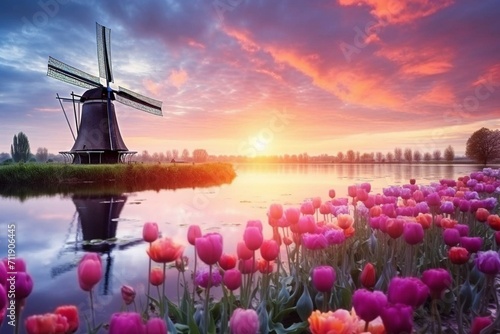 Enchanting fairyland with picturesque windmills and tulips in Kinderdijk, Netherlands during sunrise. Generative AI photo