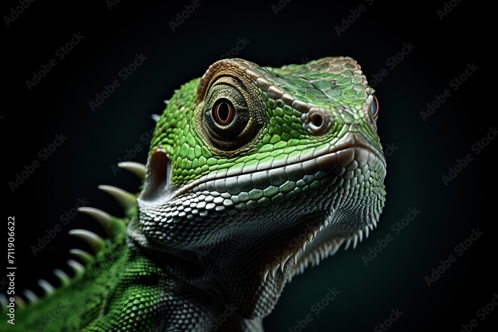 Obraz premium Portrait of a green iguana on a black background.