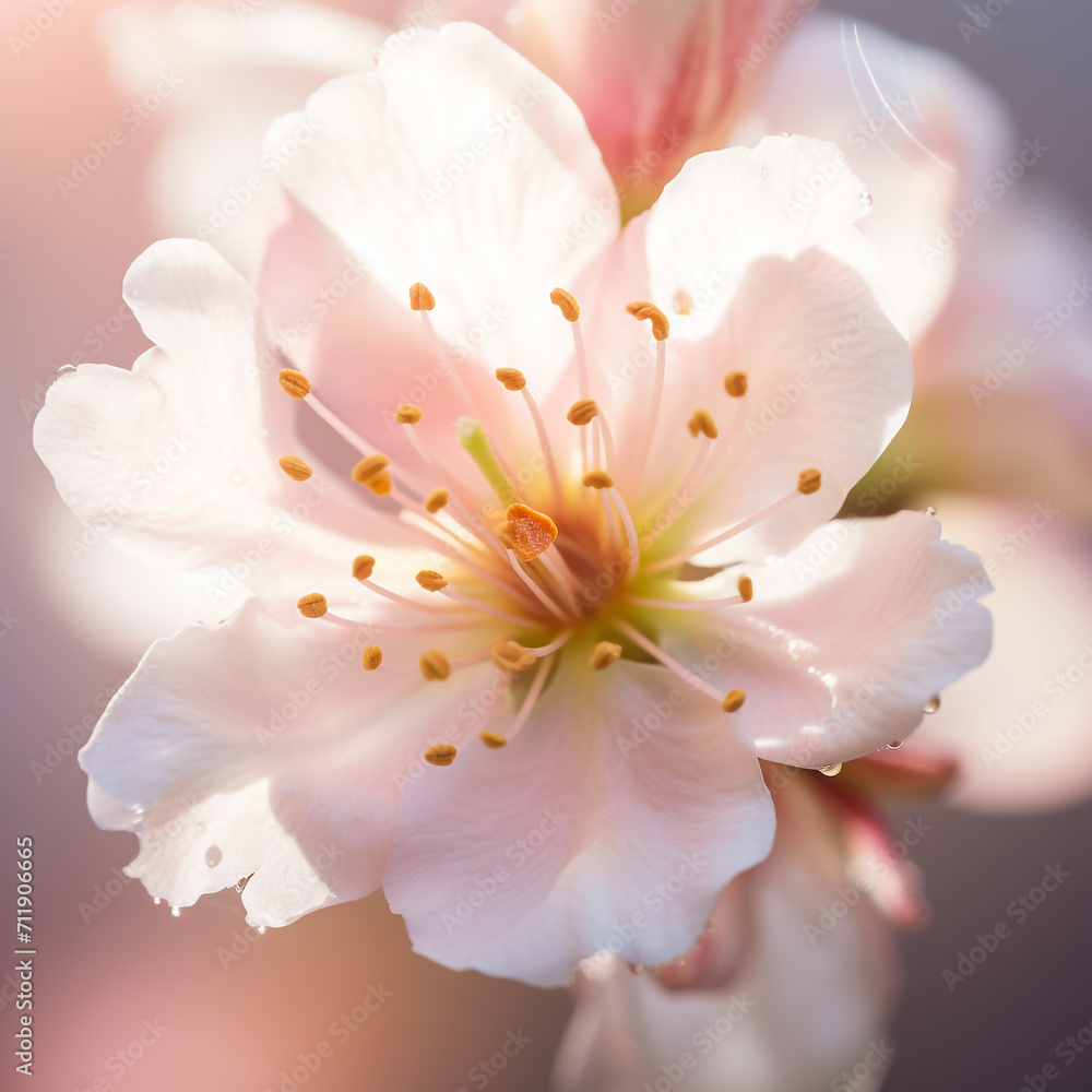 ALMONDS FLOWER ISOLATED ON BLUE AND PINK BACKGROUND