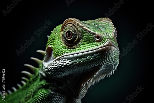 Portrait of a green iguana on a black background.