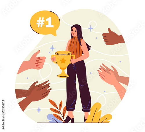 Employee of month concept. Young girl with golden trophy in hands. Best worker with achievement. Reward and award. Motivation and success, leadership. Cartoon flat vector illustration