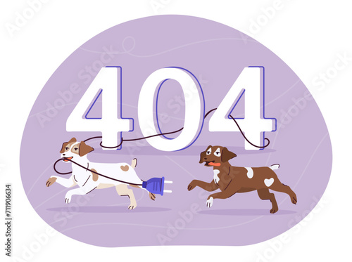 Error 404 with dogs. Page not found. Troubles at website. Broken link and technical problems. Banner for webpage. Cartoon flat vector illustration isolated on white background