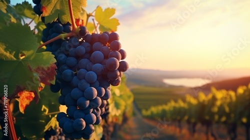 delicious grapes in a vineyard hanging from their branch with a sunset