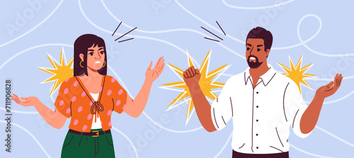 Family conflict concept. Man and woman scream to each other. Aggression and mental abuse. Quarrel in couple. Angry young girl and guy. Conflict in pair. Cartoon flat vector illustration