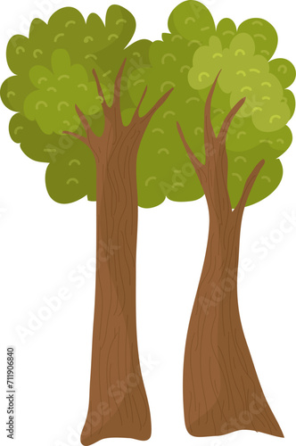 Two cartoon trees with lush green canopies and detailed brown trunks, isolate...