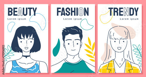 Fashion covers linear set. Fashionable and trendy persons. Young guys and girls, models. Beauty, aesthetics and elegance. Doodle flat vector collection isolated on red background