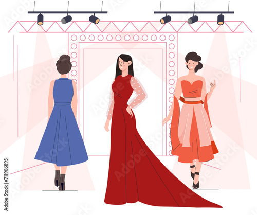 Models fashion show concept. Beautiful women in red and blue dresses at stage. Fashion, trend and style. Aesthetics and elegance. Young girls at podium. Cartoon flat vector illustration