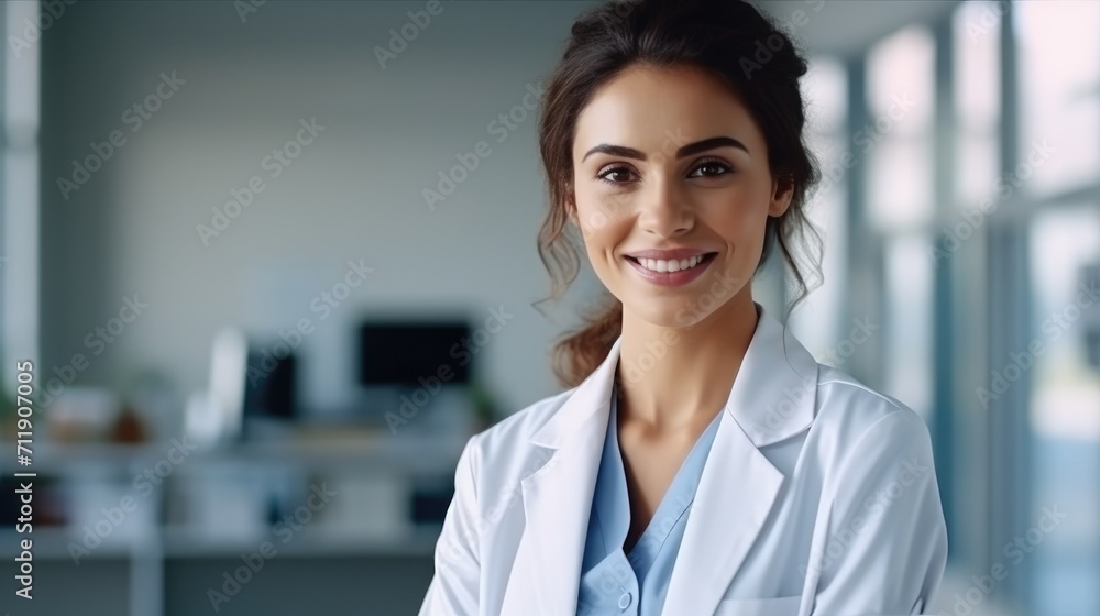 Female young woman doctor nurse portrait, smiling happy beauty woman at work - obrazy, fototapety, plakaty 