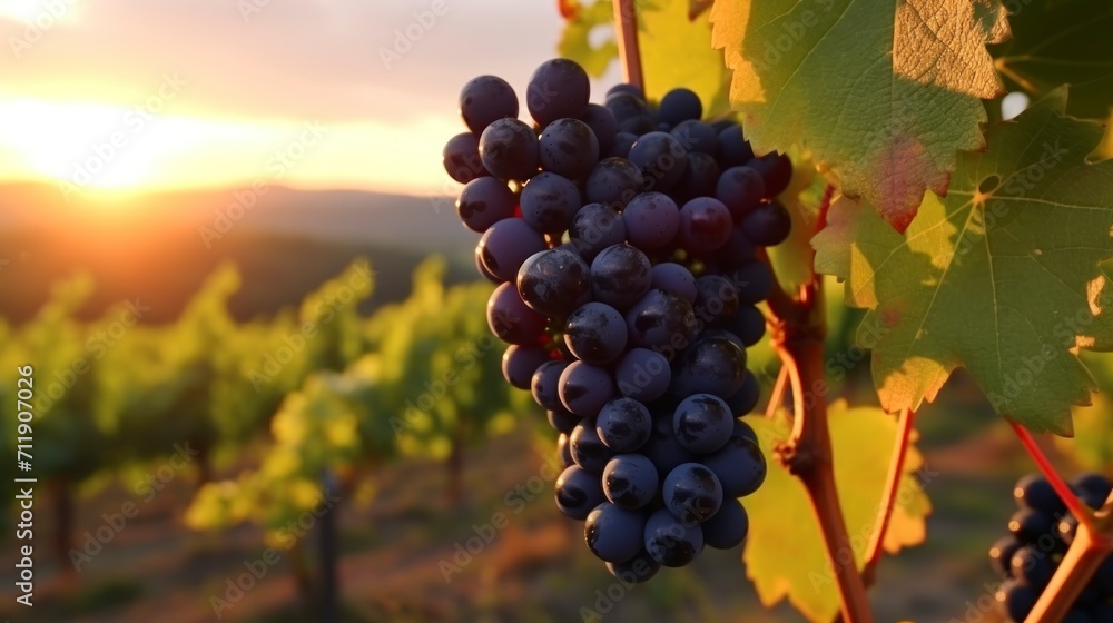 delicious grapes in a vineyard hanging from their branch with a sunset in the background in good conditions and lots of nature