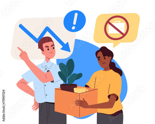 Fired from work concept. Angry boss with employee with cardboard box. Unemployed sad young girl with things, jobless person. Cartoon flat vector illustration isolated on white background