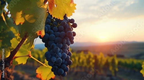 delicious grapes in a vineyard hanging from their branch with a sunset in the background in good condition and lots of beautiful nature