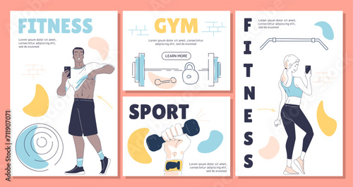 Fitness banners linear set. Active lifestyle and workout. Yioung guy show abs, woman in sportive clothes. Gym heavy equipment. Doodle flat vector collection isolated on red background photo