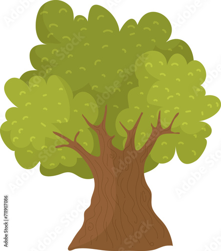 Cartoon style lush green tree with detailed bark. Nature and environment them...