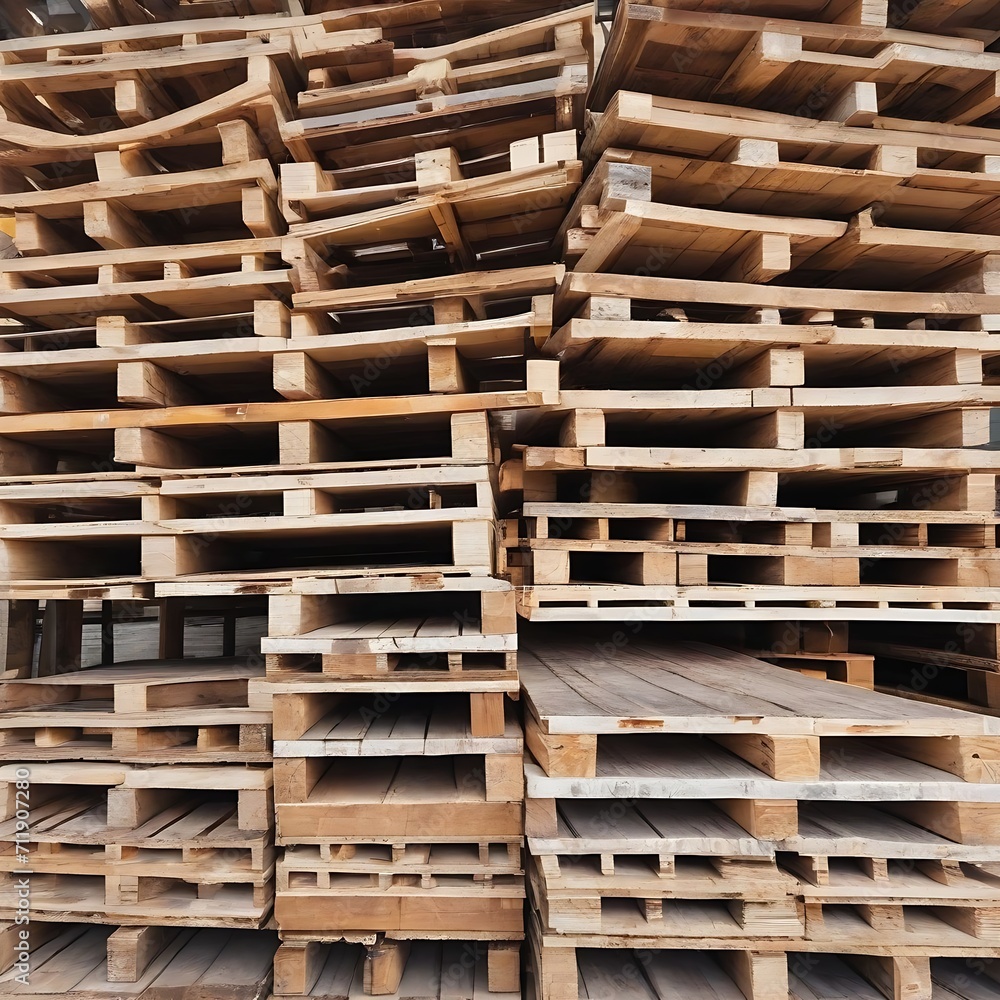 Stack of wooden pallet. Industrial wood pallet at factory warehouse. Cargo and shipping. Sustainability of supply chains. Eco-friendly and sustainable properties. Renewable wood pallet.