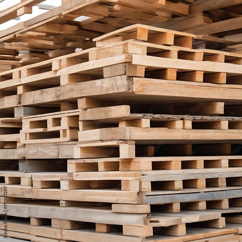 Stack of wooden pallet. Industrial wood pallet at factory warehouse. Cargo and shipping. Sustainability of supply chains. Eco-friendly and sustainable properties. Renewable wood pallet.