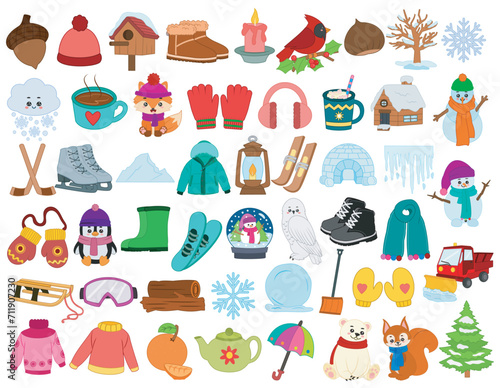 Set of winter objects, clothes, accessories and animals