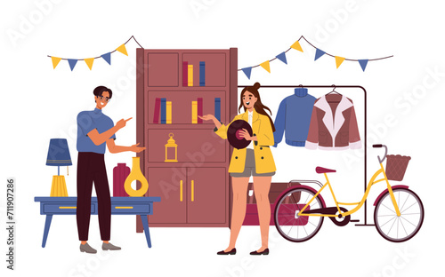 Flea market concept. Man and woman with old things. Marketing and commerce. Bazaar with closet, clothes and bicycle. Cartoon flat vector illustration isolated on white background