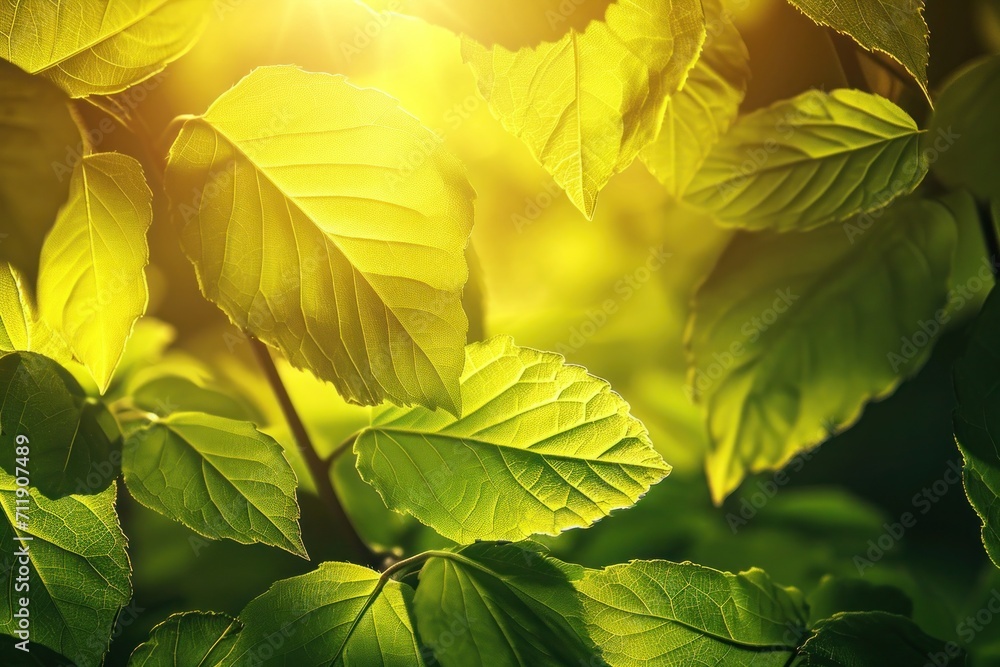 Fototapeta premium green leaves in the sun background, Translucent and fresh, each leafy expanse breathes out oxygen, contributing to a serene and peaceful environment
