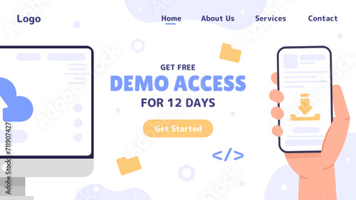 Free demo access poster. Hand with smartphone near computer. Synchronization and access for servers. Free mobile application version. Landing page design. Cartoon flat vector illustration