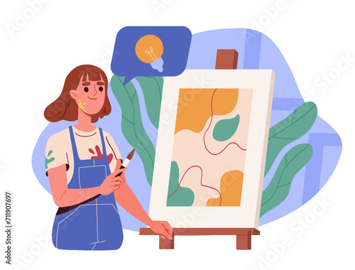 Woman draw picture. Young girl with painbrush near canvas. Creativity and art. Artist in studio or workshop. Education and learning. Cartoon flat vector illustration isolated on white background