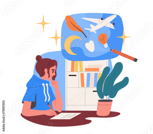 Girl dreams concept. Woman write plan and think about holiday and vacation. Tired worker and employee at workplace. Character with list of wishes. Cartoon flat vector illustration