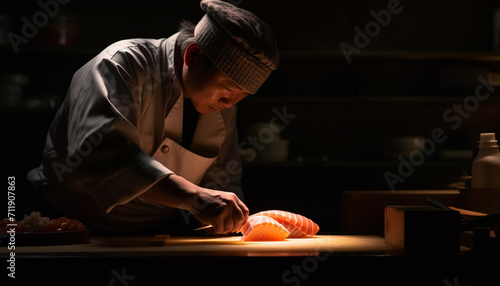 A skilled chef prepares seafood in a commercial kitchen with expertise generated by AI