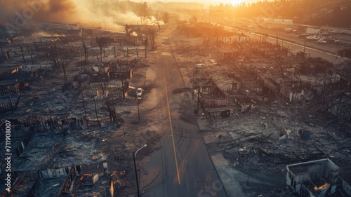 fire damage to buildings, roads and urban infrastructure, natural disasters and devastation after wars