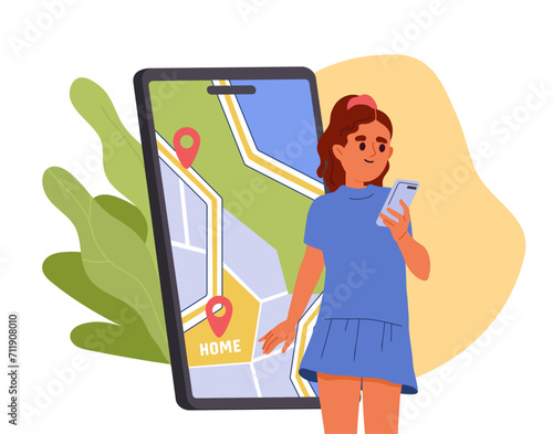 Girl looking for way home. Woman with smartphone look at map. Navigation and geolocation. Tourist and traveller at trip and vacation. Character check route. Cartoon flat vector illustration