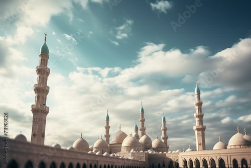 Cloudy sky above Nabawi Mosque in Madinah, Saudi Arabia. Selective focus. Generative AI photo