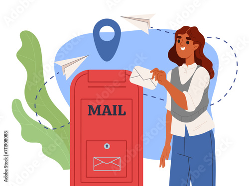 Girl sends message concept. Woman put envelope with letter to mail. Postal service for friendly and business correspondence. International communication. Cartoon flat vector illustration