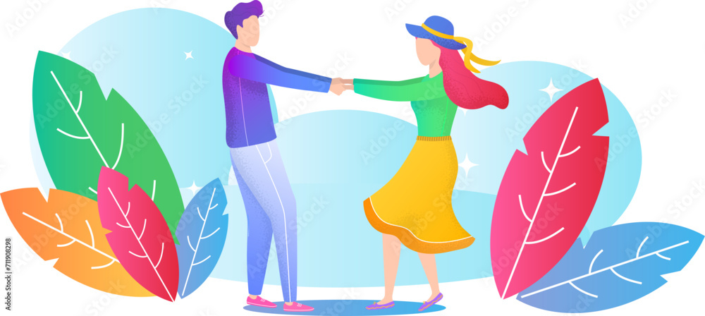 Man and woman holding hands, dancing joyfully. Female in a skirt and hat, male in casual wear. Happiness and leisure activity vector illustration.