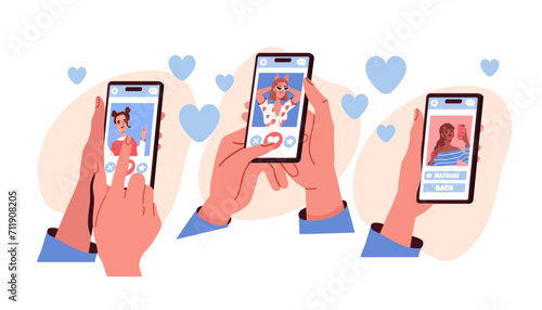 Girls in love social network. Women with smartphone with mobile date application. Romans. Found pair and couple. Hands give likes for young guys in messengers. Cartoon flat vector illustration