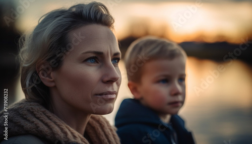 A loving family enjoys the sunset outdoors, embracing nature beauty generated by AI