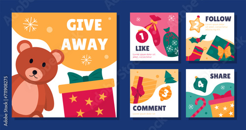 Giveaway posters set. Teddy bear near red box in wrapping gpaper. Christmas tree and presents. surprises. Social media covers. Cartoon flat vector collection isolated on blue background