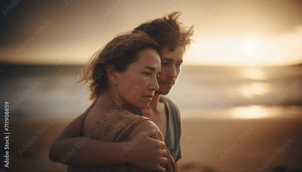 Heterosexual couple embracing, smiling, enjoying sunset together generated by AI
