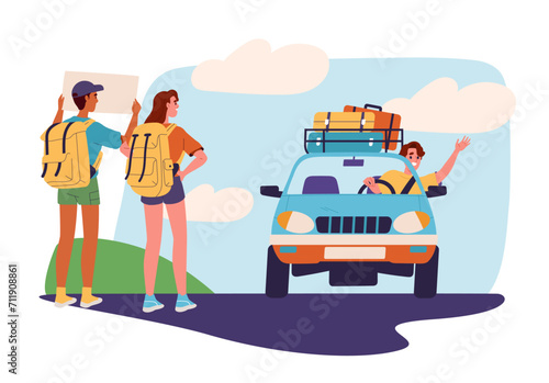 Hitchhikers and car concept. Man and woman with yellow backpacks stands at road and try to stop automobile. Travelers and tourists. Travel and trip, vacation. Cartoon flat vector illustration