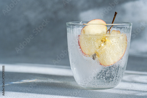A close-up view of a glass of tonic water with a slice of apple, highlighting the drink's bubbles and refreshing appearance photo