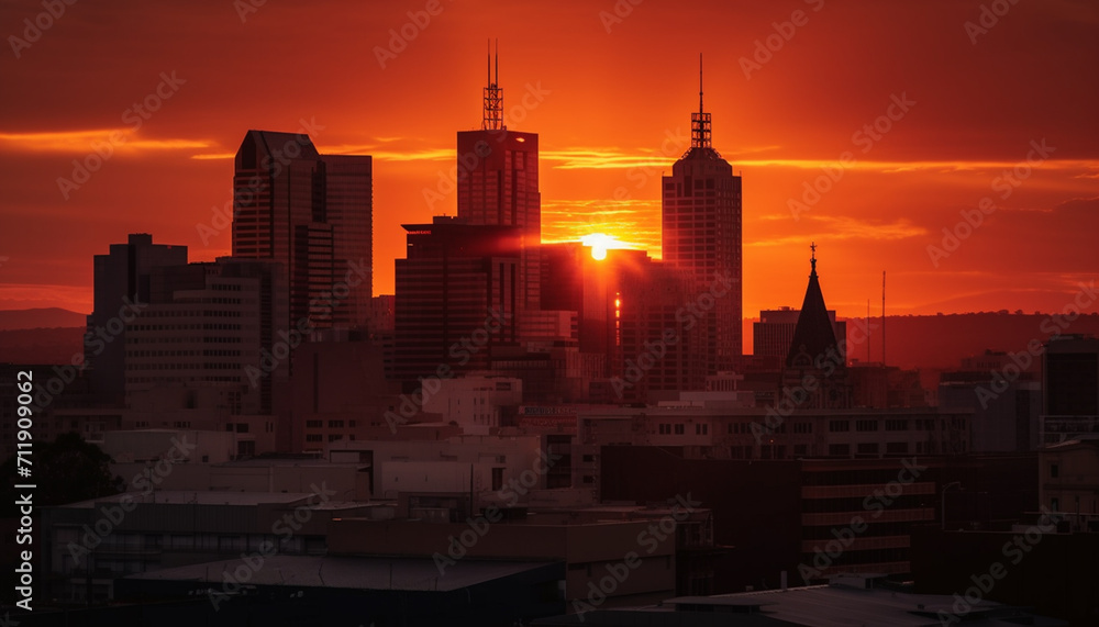Vibrant city skyline illuminated by sunset, reflecting modern business architecture generated by AI