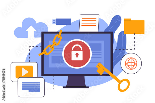 Information protection concept. Computer monitor with padlock and key. Security and safety of personal data. Antivirus and prevention of hackers attacks on internet. Cartoon flat vector illustration