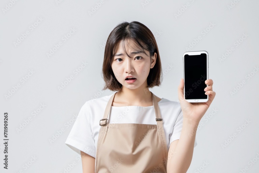 スマートフォンを操作しながら激怒している(怒っている)エプロン姿の日本人美女 スマートフォンを操作しながら激怒している(怒っている)エプロン姿の日本人美女