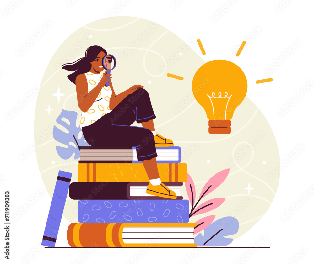 Woman sit at stack of books. Young girl with textbooks. Student doing homework. Education, learning and training. Love for reading and literature. Cartoon flat vector illustration Woman sit at stack of books. Young girl with textbooks. Student doing homework. Education, learning and training. Love for reading and literature. Cartoon flat vector illustration