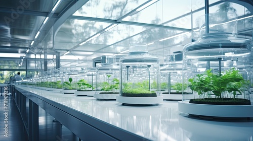 algae research in white laboratory. biology research. Generative AI photo