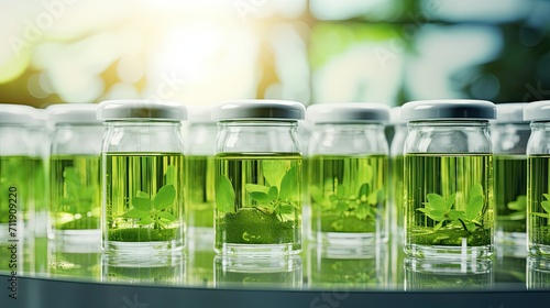 Green microalgae are cultivated in small bottles on the laboratory room. Generative AI 