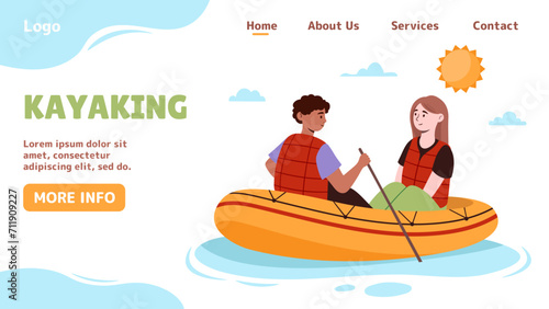 People kayaking poster. Landing page design. Man and woman at boat with paddles. Active lifestyle and leisure outdoor. Happy couple at river or lake. Cartoon flat vector illustration