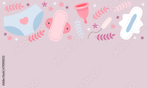 Pad, Menstrual Cup, Tampon and flowers. Period days. Feminine hygiene products. Menstrual cycle and menstrual products. Period days. Feminine hygiene products. Menstrual cycle