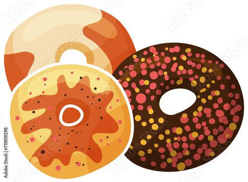 Three colorful donuts with sprinkles on white. Delicious sweet sugary doughnuts with icing. Dessert and bakery concept vector illustration.
