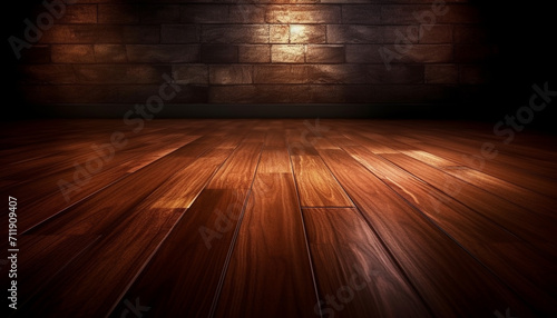 Dark hardwood flooring illuminates the modern empty apartment with glowing spotlight generated by AI © Jemastock