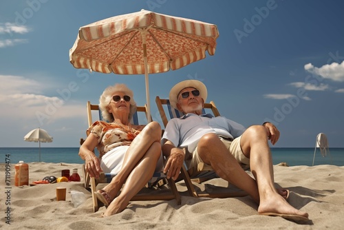 An elderly couple sunbathes on the ocean shore lying in sun loungers